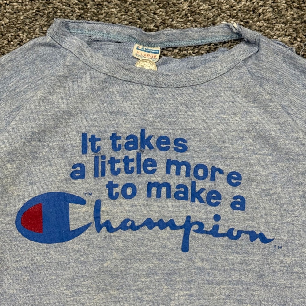 Vintage 70s Champion Promo T-Shirt Blue Bar Tag Mens XL Blue Thin Distressed